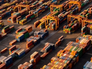 Aerial view of shipping containers in docks