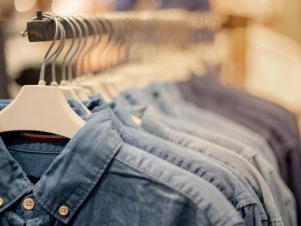 A clothes rack of men's shirts hanging up