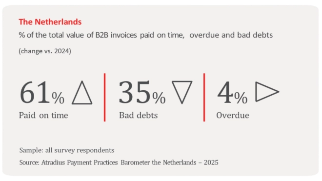 % of the total value of B2B invoices paid on time, overdue and bad debts in the Netherlands